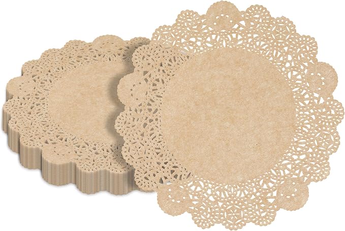 Pastry Tek 8 x 8 Inch Paper Lace Doilies, 100 Disposable Table Doilies - Elegant Lace Finish, Long Lasting, Kraft Paper Doily, for Pastries, Cupcakes, Desserts - Restaurantware