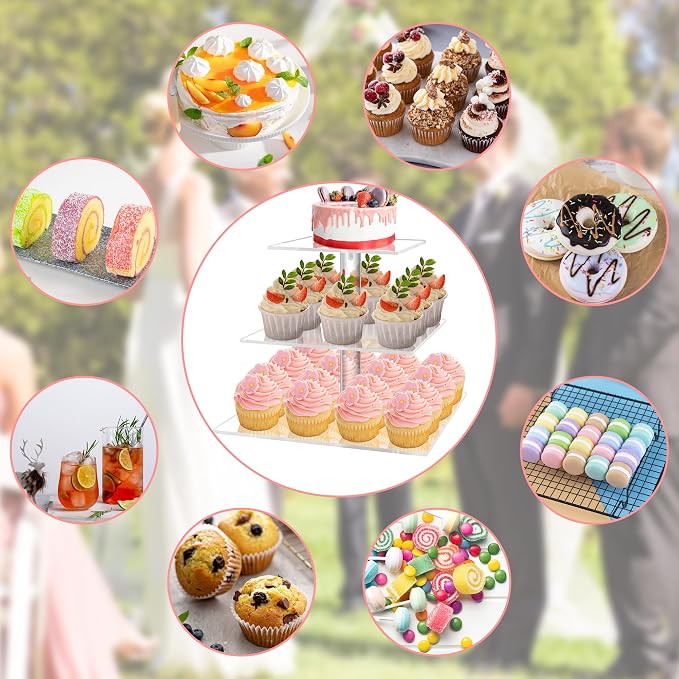 YestBuy 3 Tier Cupcake Stand, Clear Cupcake Display Stand, Acrylic Cupcake Tower for 24 Cupcakes, Premium Cupcake Dessert Muffin Holder for Pastry Wedding Birthday Party Baby Shower