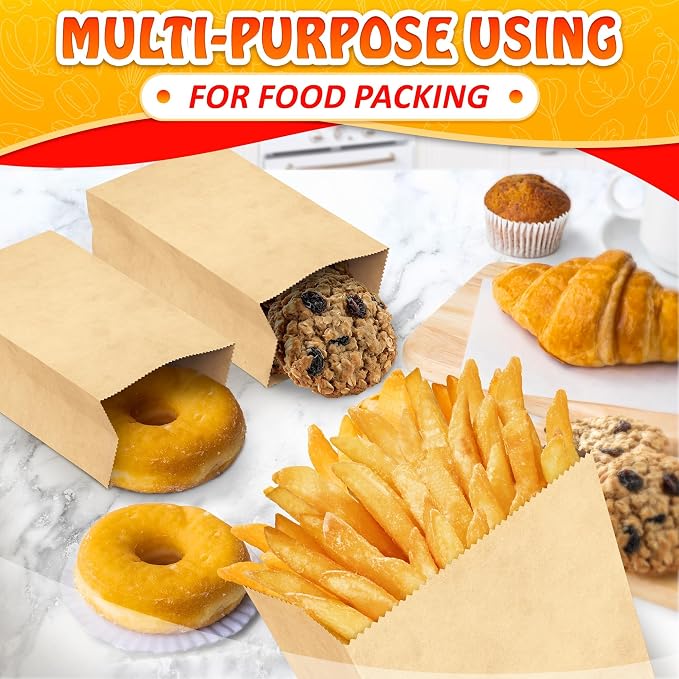 Set of 100 Small Brown Paper Bags - Sturdy Brown Lunch Bags for Snacks, Nuts, Popcorn, Cookies, Candies, Party Favors & Gifts - Durable with Convenient Size (7х3.54х2.16) for Home and Small Business