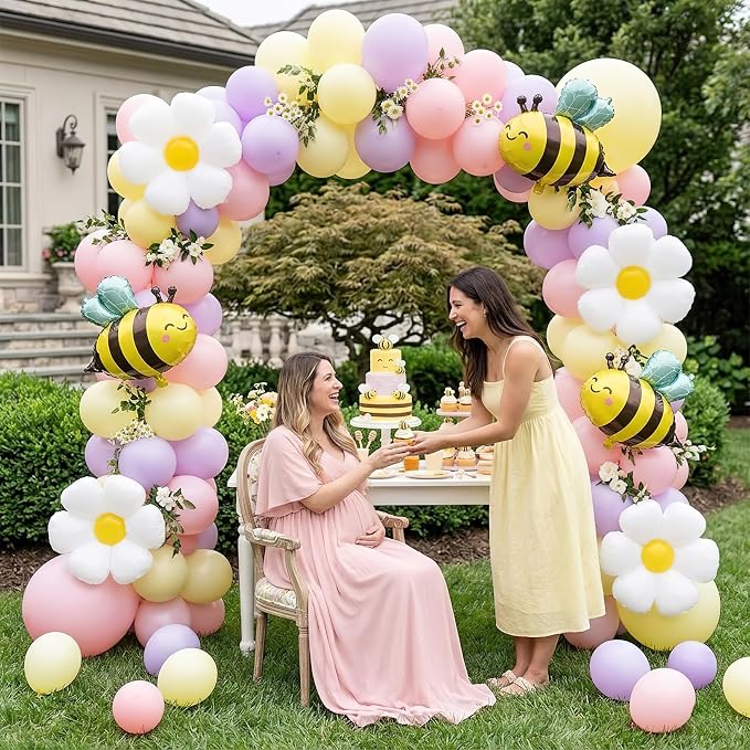 Bee Balloon Garland Arch Kit 121Pcs Macaron Pink Purple Yellow Latex Balloons with Bee Daisy Foil Balloons for Lemonade Birthday Honeybee Party Baby Shower Spring Garden Party Decor