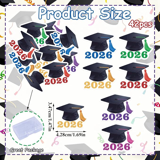 42PCS Edible Graduation Cap Cupcake Toppers Wafer Paper Class of 2026 Cake Decorations Edible Grad Cap Cupcake Picks for 2026 Graduation Theme Party Cake Decor Supplies (multi)