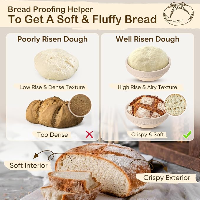 TeamFar Bread Proofing Basket Set of 2, Sourdough Bread Baking Supplies, 9 Inch Round Proofing Baskets for Sourdough Bread Baking, Proofing Bowls with Liner for Dough Fermentation
