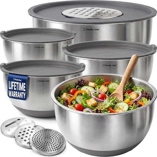 Priority Chef Stainless Steel Mixing Bowls with Lids Set, 3 Grater Attachments, Airtight Lids, Non-Slip Silicone Base Mixing Bowl Set, Large Prep Metal Mixing Bowls for Kitchen, Grey