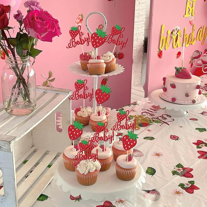 24 PCS Sweet Oh Baby Cupcake Toppers Glitter Oh Baby Strawberry Cupcake Picks Fruit Berry Cupcake Decorations for Strawberry Theme Baby Shower Kids Birthday Party Cake Decorations Supplies Red