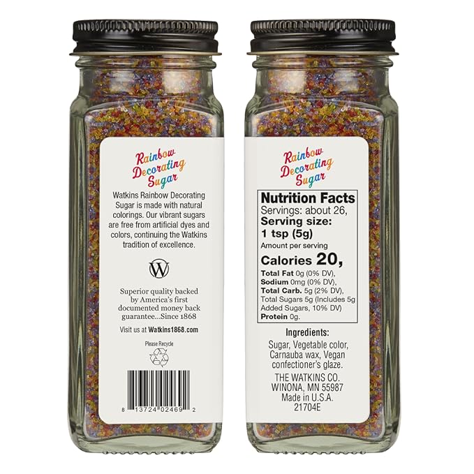 Watkins Rainbow Decorating Sugar (No Artificial Dyes), Non-GMO, Kosher, 4.6 Ounce, 1-Pack