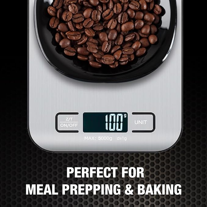 Digital Food Scale with 2 AAA Batteries Trnr-FDSCLE-SLV, Food Scale for Kitchen, Cooking Scale with Zero Tare Option, Kitchen Scale Weighs up to 11 Pounds, Measures in KG, G, LB, OZ, and ML