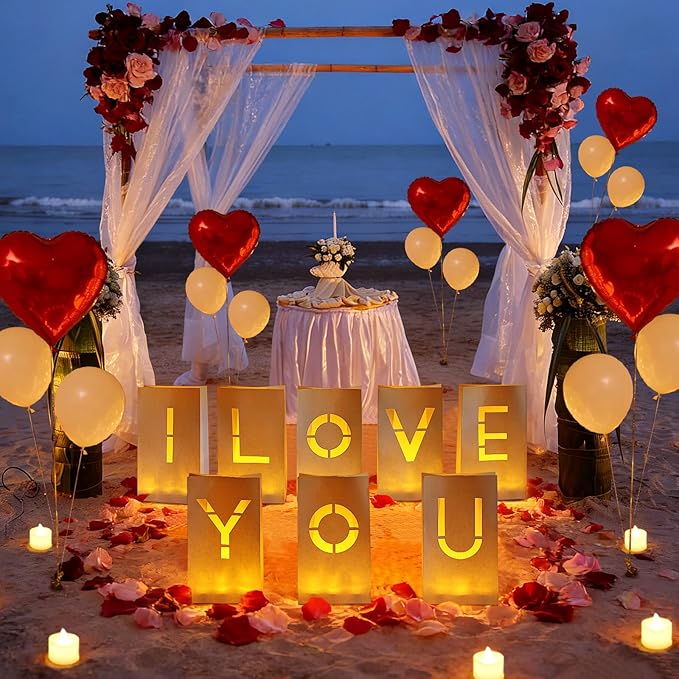 I Love You Light Up Letters, Luminary Paper Bags with LED Tea Lights Rose Petals Latex Heart Balloons for Her Valentines' Day Anniversary Wedding Proposal Decorations