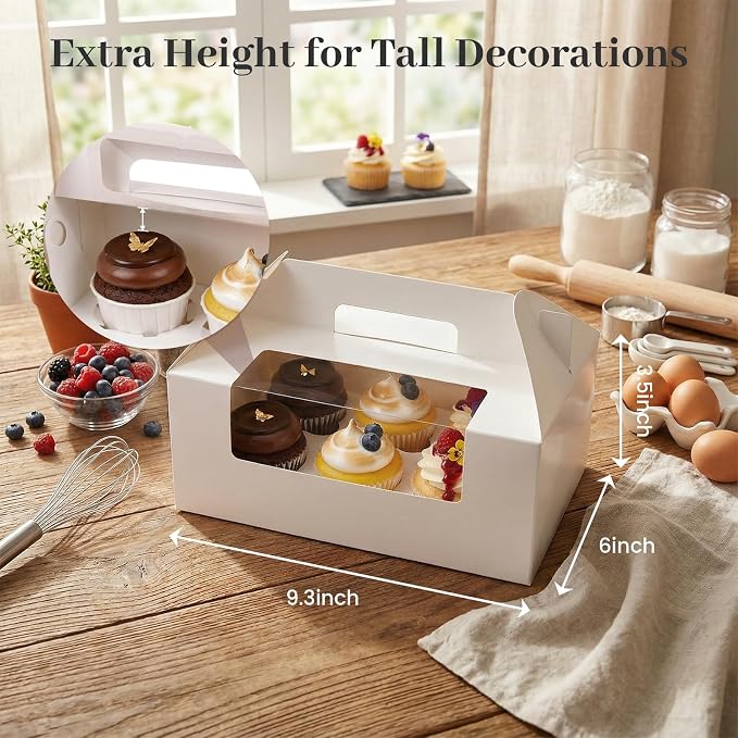 VGOODALL 6 Count Cupcake Boxes,8 Sets White Cupcake Containers with Window for Weeding Birthday Holiday Bakery Supplies Party Decorations 9.3" x 6" x 3.5"