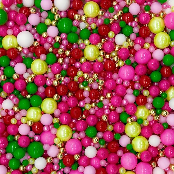 Dynastang Mixed Size Red Series & Pink & Green Pearls Sprinkles Edible Pearls Cake Decorations Cupcake Toppers Decorating Perfect for Cakes, Cupcakes, Desserts 3OZ