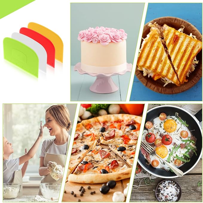 Aedida 4 Piece Plastic Dough Scraper Bowl Scraper Flexible Multipurpose Food Spatula Plastic Daigh Cutter for Bread Cake Dough Fondant Icing (White, Green, Yellow, Red)