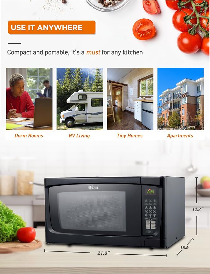COMMERCIAL CHEF 1.6 Cubic Foot Microwave with 10 Power Levels, Small Microwave with Push Button, 1000 Watt Microwave with Digital Control Panels, Countertop Microwave with Timer, Black