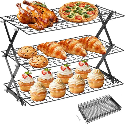 3-Tier Stackable Cooling Rack for Baking, Collapsible Wire Cookie Rack with Adjustable Heights, Non-Stick Roasting & Drying Rack for Cupcakes, Pies and Pastries, Space-Saving Kitchen Essential