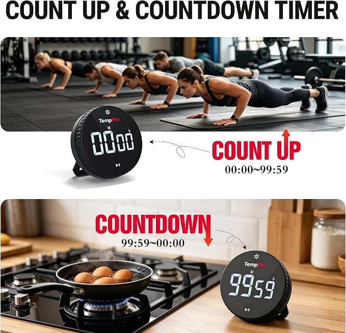TempPro Digital Kitchen Timer, Magnetic Countdown Timer with Easy-Twist Knob, Loud Alarm & Silent Mode, Large LED Display, Cooking Timers for Classroom, Teachers, Kids & Seniors (Previously ThermoPro)