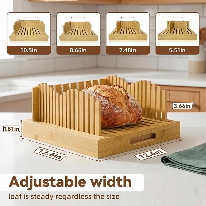Bamboo Adjustable Bread Slicer with Crumb Catcher Tray, Foldable 3 Thickness Cutting Board, Non-Slip Multi-Purpose Serving Tray for Toast, Sourdough, Baguette Homemade Bread