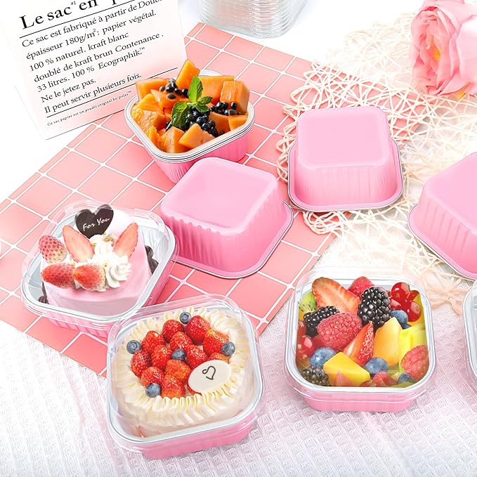 100Pack 5oz Pink Mini Cake Pans with Lids, Spoons and Stickers Baking Cups Aluminum Foil Pans Tins, Individual Dessert Cups Containers for Sales,Party,Picnics