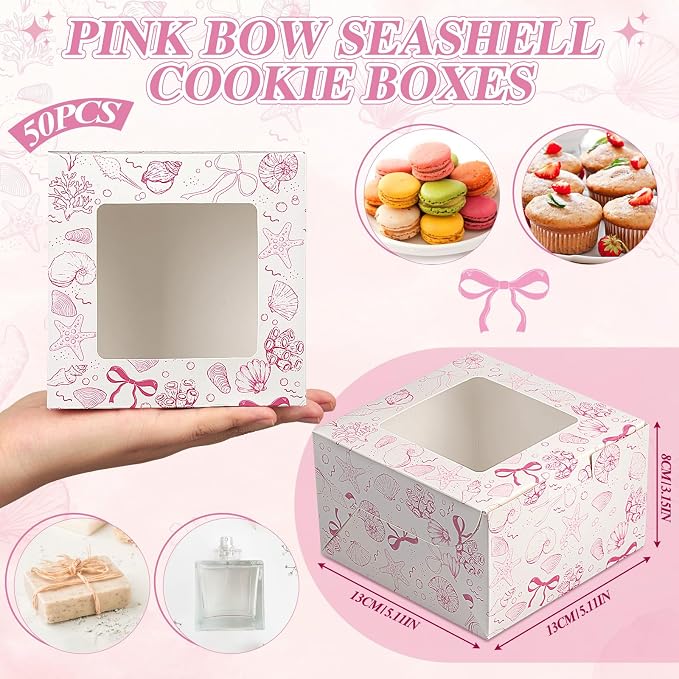 50 Pack Pink Seashell Cookie Boxes with Window, Pink Bow Treat Boxes for Bridal Shower, Baby Girl Shower & Coastal Wedding - Bakery Favor for Cookies, Macarons & Cupcakes