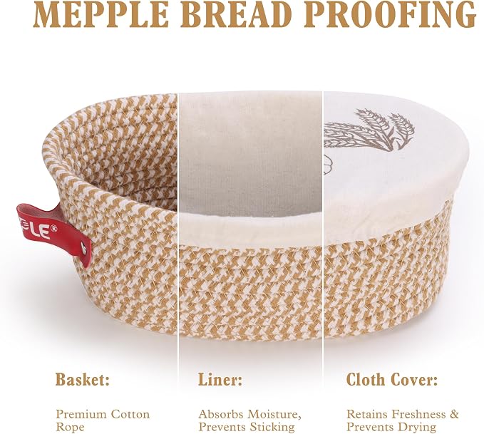 Sourdough Bread Baking Supplies,10" Round and 11" Oval Cotton Rope Banneton Proofing Basket with Liners & Covers，Ideal for Artisanal Breadmaking for Home and Professionals Bakers Baking