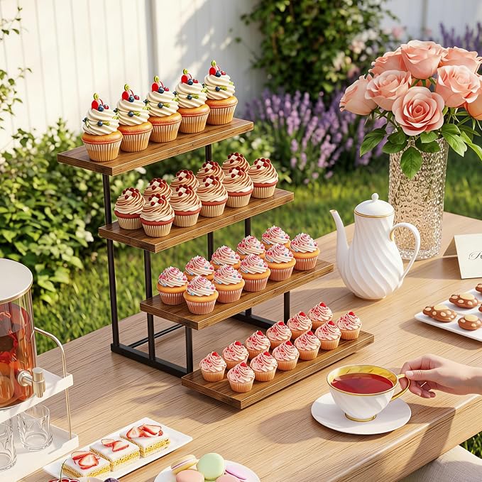 Emfogo Wooden Cupcake Display Stand, 4 Tier Rectangular Tiered Dessert Stands, Cupcake Display Risers for Vendor Booth Dessert Table Party Wood Serving Tray for Cup Cake Cookie Food (1 Pack)