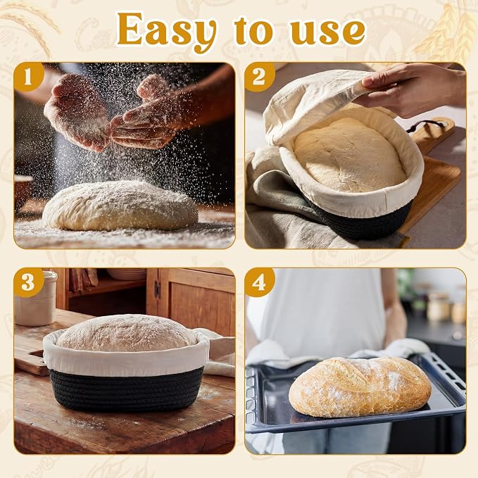 4 Pcs 10 Inch Bread Proofing Basket Set Cotton Rope Oval Banneton Basket Sourdough Bread with Liners Covers for Baking Supplies (Black)