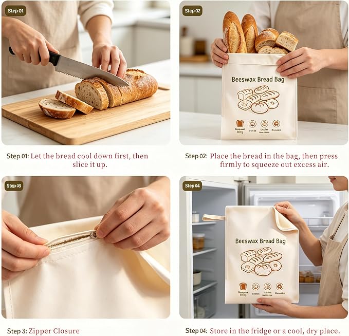 Beeswax Bread Bags for Sourdough, Reusable Linen Cotton Bread Storage Bags with L-Shaped Wide Zipper, Keeps Homemade Bread Fresh Naturally, 2 Pack XL 17"x13"
