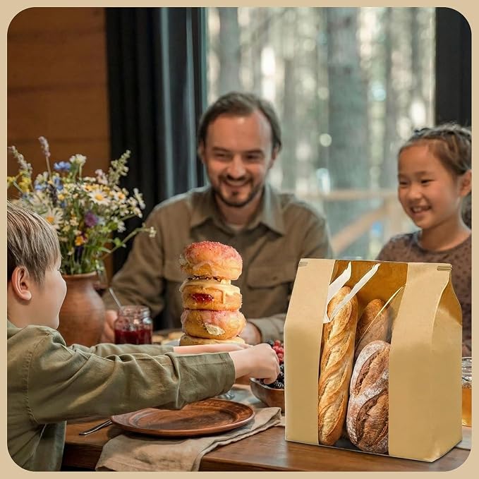 50 Pack Large Paper Bread Bags with Window & Tin Tie Tab Lock – Sourdough Bread Bags for Homemade Baking – Bakery Packaging for Gifting & Bake Sales 13.73" x 8.27" x 3.54"