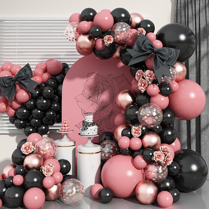 Dusty Pink and Black Balloon Arch Kit, 112 PCS Pink Rose Gold and Black Balloons Garland with Rrose Gold Confetti Metallic Rose Gold Balloons, Retro Pink Balloons for Bachelorette Princess Party Deco