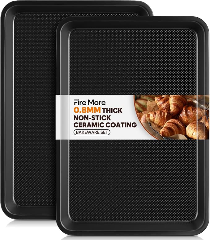 Quarter Sheet Pan Set of 2, 12.8 ” x 9 ”, Cookie Sheets for Baking 0.8mm Thick Non Stick Baking Sheets for Oven Heavy Duty Baking Trays