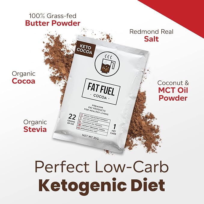 Fat Fuel Instant Keto Cocoa – a Complete Keto-Friendly Meal Replacement with MCT Oil, Coconut Oil, and Grass Fed Butter – Low Carb Hot Chocolate, Organic (15 Packets)