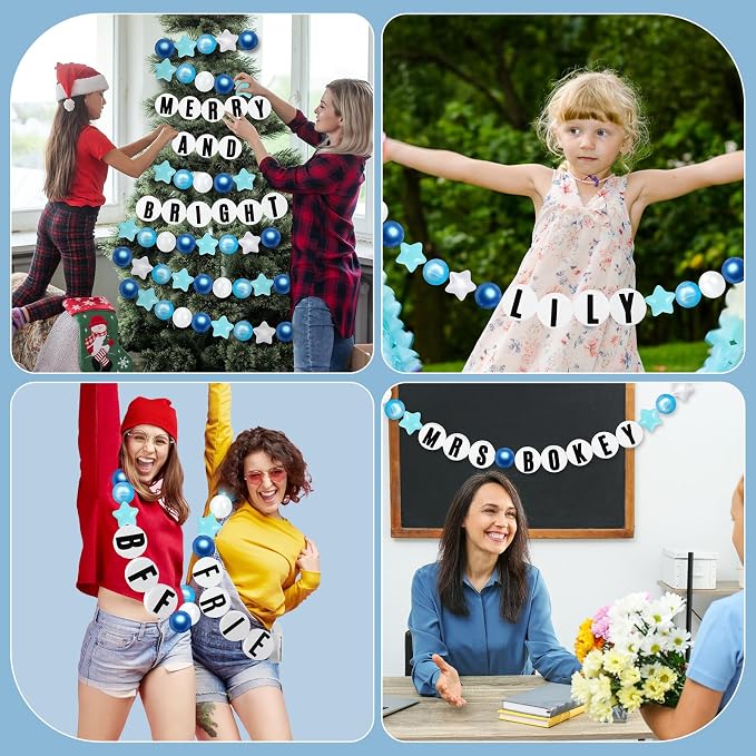 Simgoing 103 Pcs DIY Giant Friendship Bracelet Lei Kit Extra Large Beads Garland Jumbo Birthday Friendship Banner Kit Famous Singer Customizable Party Decor for Classroom(Blue)