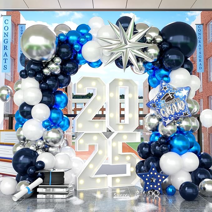 2026 Graduation Balloon Arch Kit, Blue Silver White Balloons with Congrats Grad Star Foil Balloons for Class of 2026 College High School Graduation Party Decorations