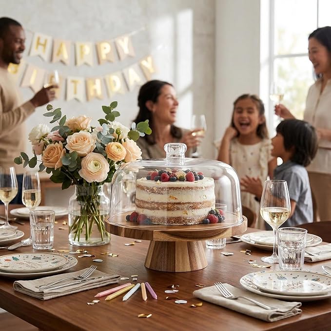 Acacia Wood Cake Stand with Lid 11.4" Charcuterie Board With Lid Multiuse Wooden Cake Stand with Dome Acrylic 6 in 1 Wood Cake Stand With Lid