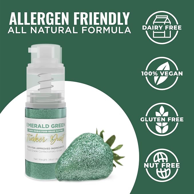 Bakell - Emerald Green Tinker Dust (4g, 1x Mini Spray Pump) Edible Glitter for Food, Desserts, and Baked goods!