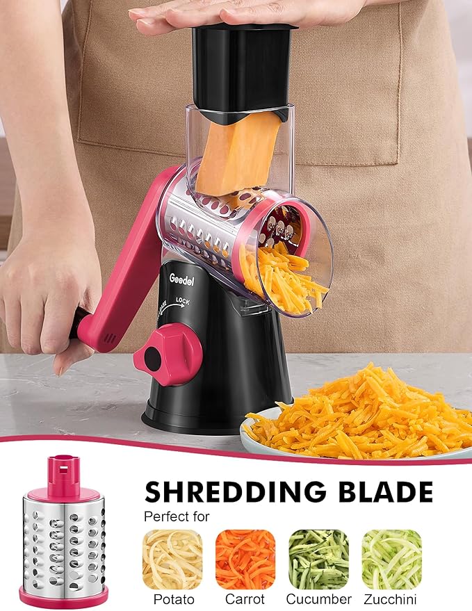 Geedel Rotary Cheese Grater, Kitchen Mandoline Vegetable Slicer with 3 Interchangeable Blades, Easy to Clean Rotary Grater Slicer for Cheese, Vegetables, Nuts