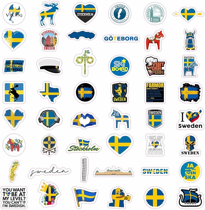 BulbaCraft Swedish Stickers for Water Bottle and Laptop - Nordic Party Supplies & Decorations, Waterproof Vinyl Swedish Decals, Sweden Flag and Culture Stickers Laptop Decals, Gifts for Women & Men