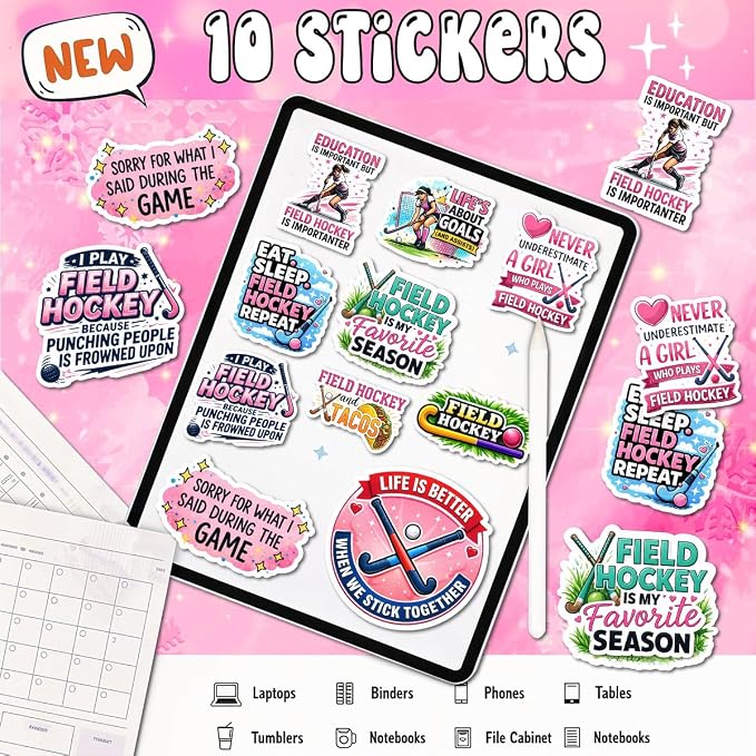10pcs Field Hockey Stickers Gifts for Field Hockey Players Teams Multiple Different Design, Waterproof UV-Resistant for Water Bottle, Laptop, Window, Car