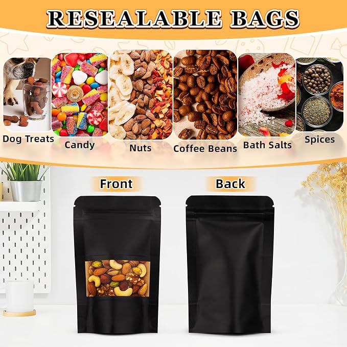 Smell Proof Bag, 100 Pack Sealed Bags for Small Business, Food Storage Bags with Window,Dog Treat Bag, Bakery Bags, Candy Packaging, Resealable Paper Stand Up Pouch