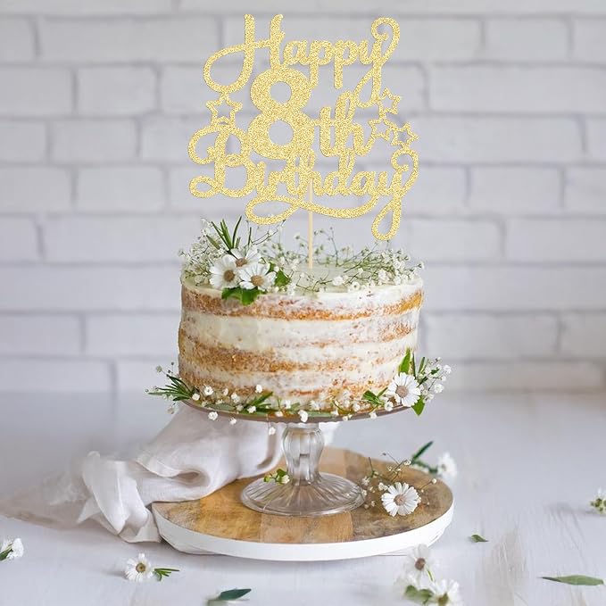 1 Pack Happy 8th Birthday Cake Topper Gold Glitter 8th Birthday Cheers to 8 Years Old Cake Pick for Celebrating Anniversary Party Cake Decorations Supplies