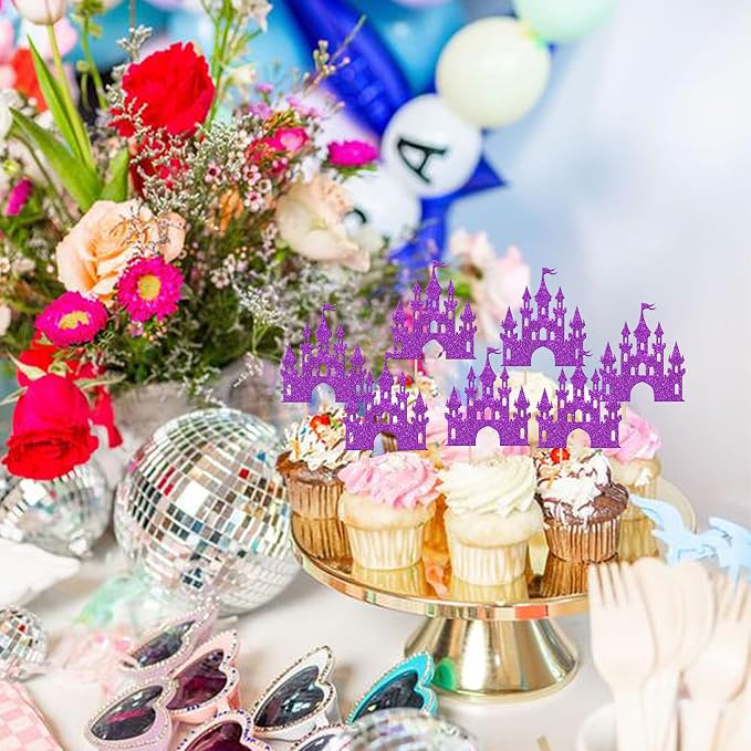 24 PCS Castle Cupcake Toppers Princess Cupcake Toppers Castle Theme Birthday Party Decoration Princess Party Supplies Princess Birthday Cake Decoration for Girls Princess Baby Shower Supplies Purple