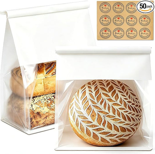 50 Pack Extra Large Paper Bread Bags for Homemade Bread Sourdough Bags, 13.7x10.6x5.5 Inches Resealable Tin Tie Tab Lock Bakery Loaf Bag with Window, Baked Goods Packaging for Gifting and Bake Sale