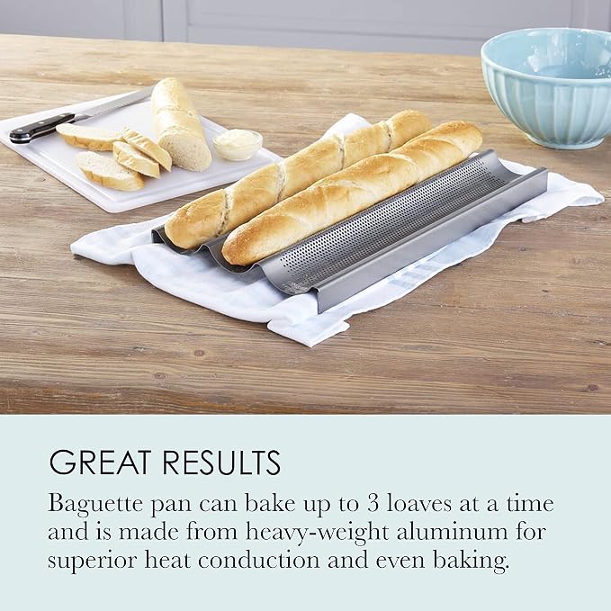 Chicago Metallic Commercial II Non-Stick Perforated Baguette Pan. Creates a crisp, golden-brown crust, 16 L x 9 W x 1.5 H