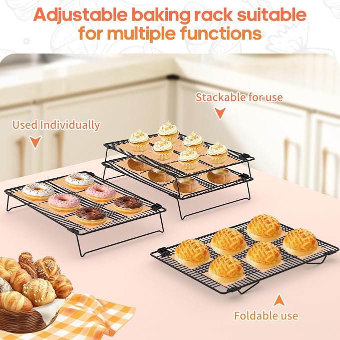 3-Tier Stackable Cooling Rack, 17"x11" Heavy Duty Wire Baking Rack | 100PCS Parchment Paper,Oven Safe Multiuse cookie cooling rack for Pizza,Cake, Bread, Cupcake, Bacon