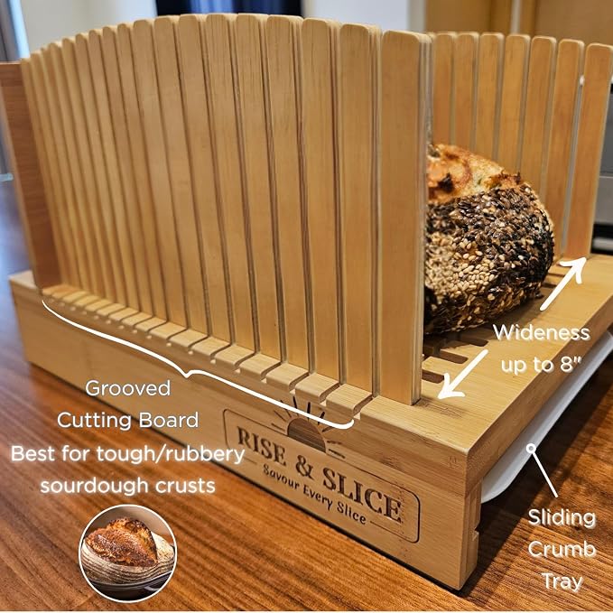 Bamboo Bread Slicer Guide for Homemade Bread, 8" Wide Cutting Board for Sourdough Loaves, Adjustable Widths and 3 Size Thickness with Crumb Tray.