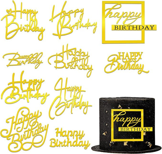 10 PCS Gold Happy Birthday Acrylic Cake Toppers Mirrored Side Cake Decorations Inserts 10 Styles