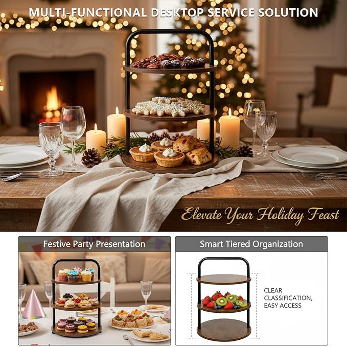 Wooden 3-Tier Cupcake Stand for 50 Cupcakes - Round Tiered Dessert Display & Serving Tray Set for Wedding, Party, Buffet Table - Rustic Cake Stand for Cookies, Fruits, Pastries