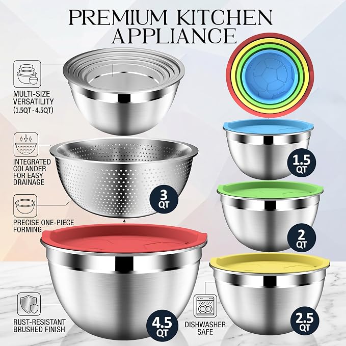 DUTZUN Mixing Bowls with Strainer, Mixing Bowl with Lids Set, Stainless Steel Mixing Bowls, Kitchen Gadgets Salad Bowls with Strainer for Mixing & Preping & Serving, Multicolor