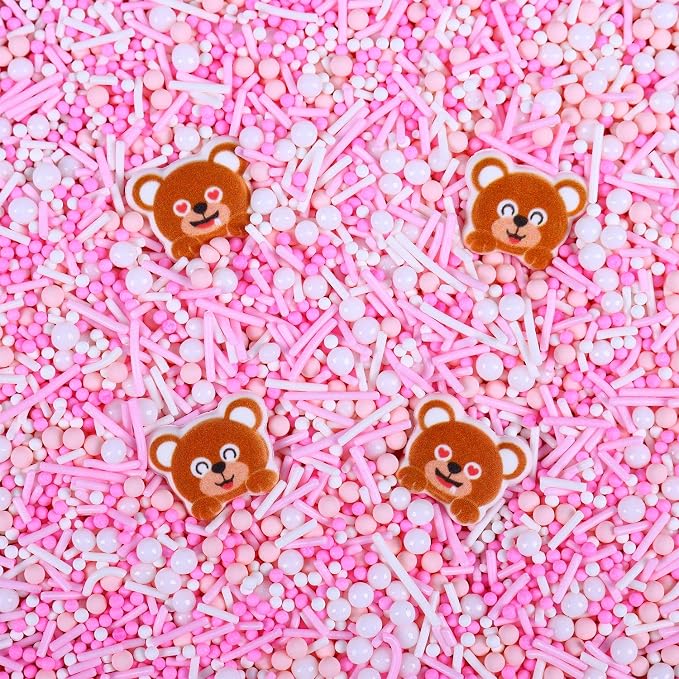 Edible Bear Cupcake Toppers, White and Pink Sprinkles, Pearls, Jimmies Sprinkles, 4 pcs Edible Bear Cake Decorations for Baby Showers, Animal Theme, Birthday Party Decorative(3.5oz/100g)
