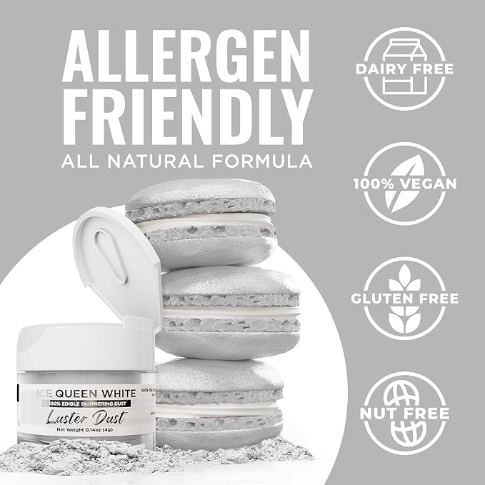 Luster Dust - Ice Queen White (4g 1x Jar) | Edible Vegan Dust & Paint for Cake Decorating, Ice Cream, Desserts, Cocktails and Beverages by Bakell