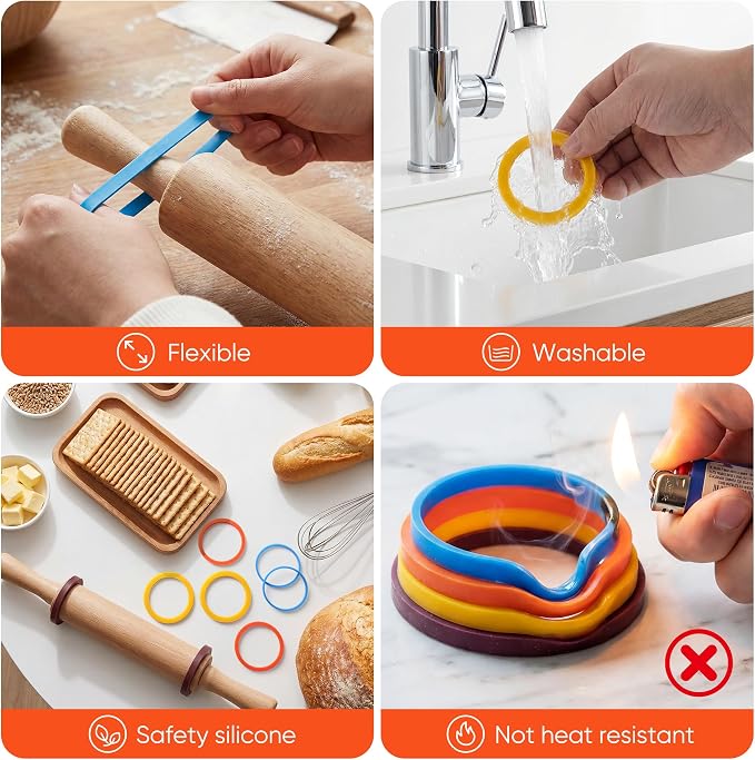 Rolling Pin Guide Rings(1/16”to 5/16''), Multicolored Flexible Silicone Spacer Bands, Reusable 8 Piece Set Baking Accessories to Precise Thickness Dough for Pizza, Cookies,Pies, Pastries, Pasta