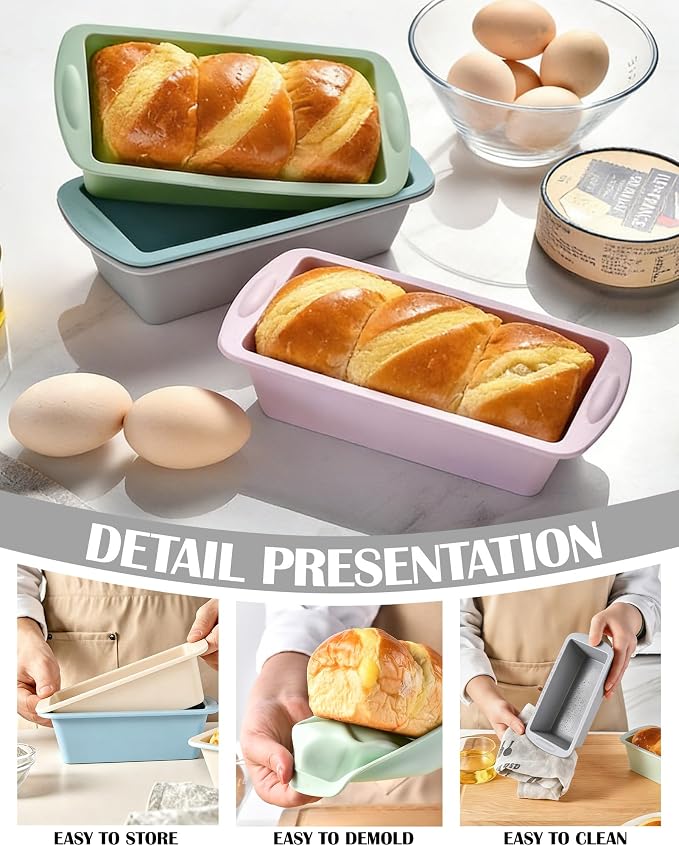 Mini Silicone Bread Loaf Pan, 4 Pcs, Non-Stick Baking Molds for Bread, Cake, Meatloaf, 7.5" L x 3.7" W x 2.1" H, Flexible Silicone Baking Molds for Bread, Cake, Meatloaf