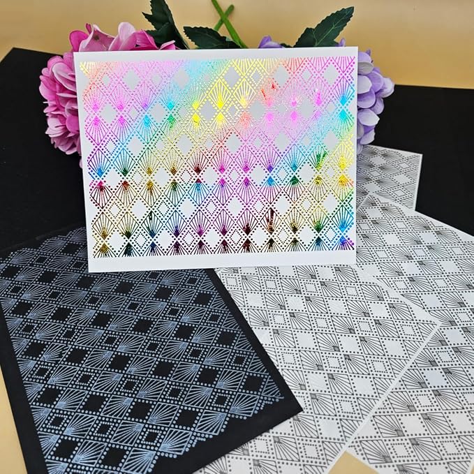 3pc Rhombus Background Stick&Shine Foil Transfer Sticker Paper for Handmade Card Making Scrapbooking and Album Journal Invitation Decoration Metallic Hot Foil Transfer Printing Adhesive Sheets